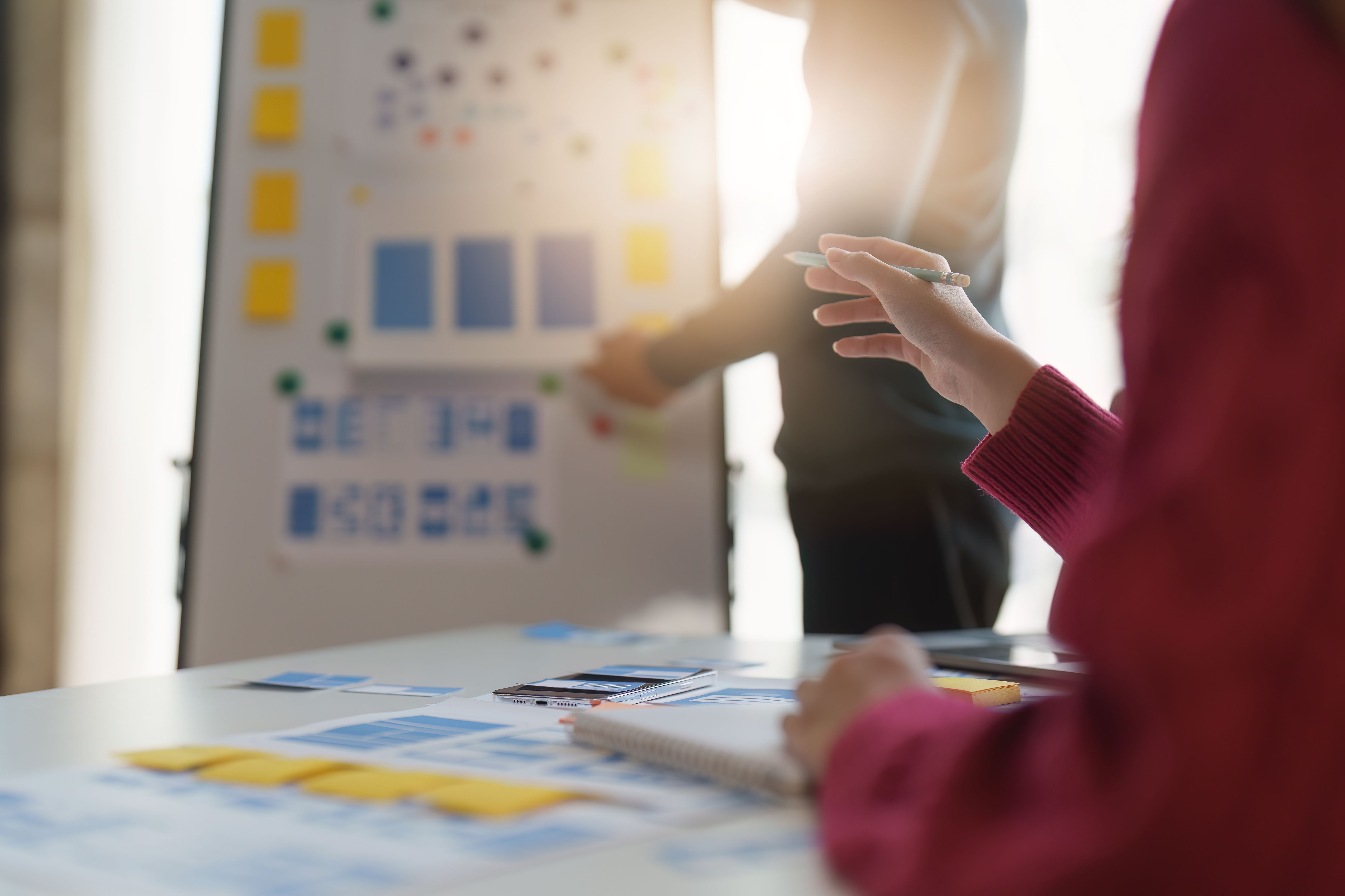A white board with a bunch of sticky notes and two people shown using it in their meeting.